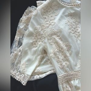 Vintage Style Antique Ivory Embroidered Lace Modest Midi Dress (Sm)